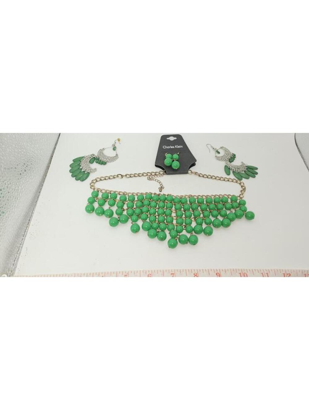 VTG Charles Klein Green Beaded Necklace and Earrings Set